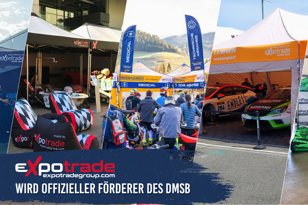 Expotrade Group wird Ofizieller Förderer des DMSB Banner mit mehreren Motorsport-Szenen und Expotrade-Faltsystemen im Einsatz bei Veranstaltungen, darunter Paddock-Zelte, Sponsorenwände und Fahrerbereiche.