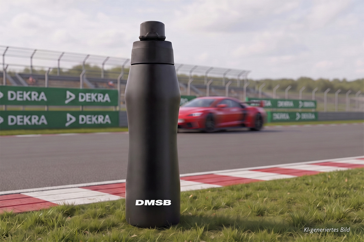 Schwarze DMSB-Trinkflasche auf einer Rennstrecke mit rotem Rennwagen und DEKRA-Werbung im Hintergrund.